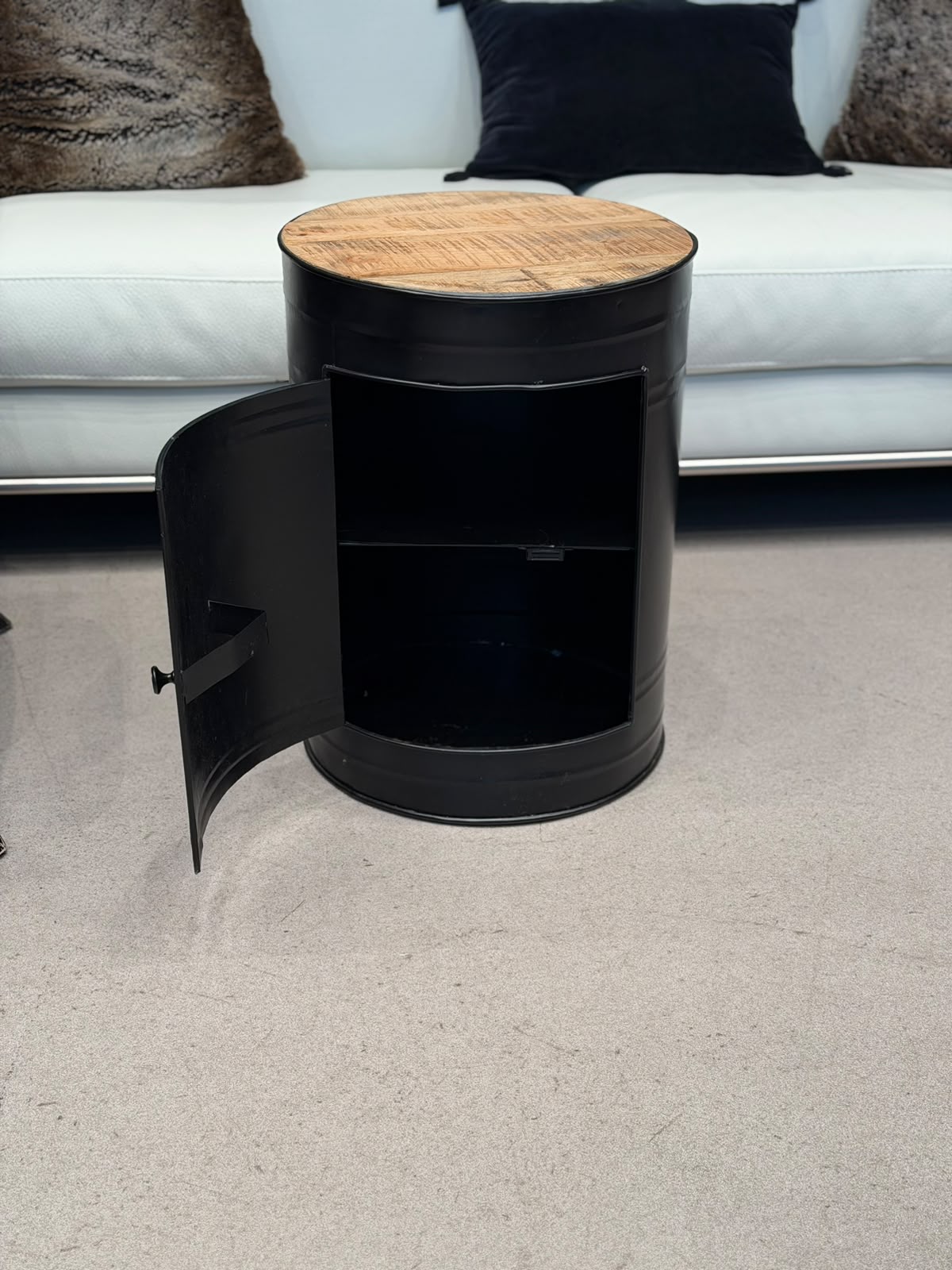 Table d'appoint industrielle baril en métal noir et manguier massif - Image 2